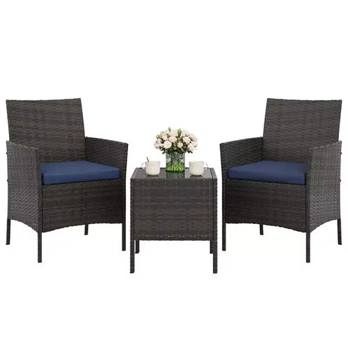 3-Piece Outdoor Patio [Bistro/Bar] Set  PE Rattan Wicker, Tempered Glass Table, Cushioned Chairs  for Garden, Porch, Poolside