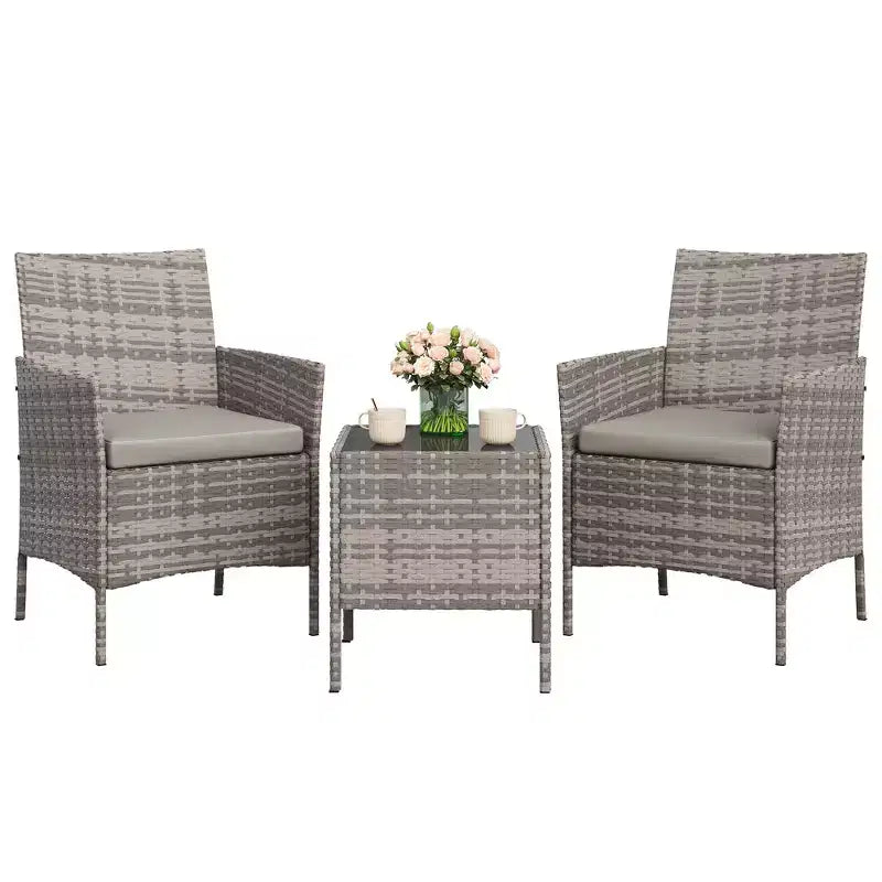 3-Piece Outdoor Patio [Bistro/Bar] Set  PE Rattan Wicker, Tempered Glass Table, Cushioned Chairs  for Garden, Porch, Poolside
