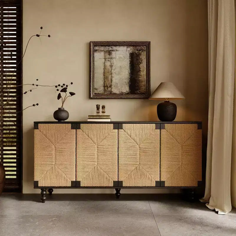Natural Accent Sideboard Buffet Cabinet, Wood TV Stand with Handwoven Seagrass Doors, Black Woodgrain Finish