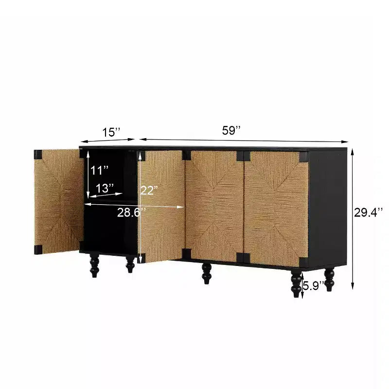 Natural Accent Sideboard Buffet Cabinet, Wood TV Stand with Handwoven Seagrass Doors, Black Woodgrain Finish