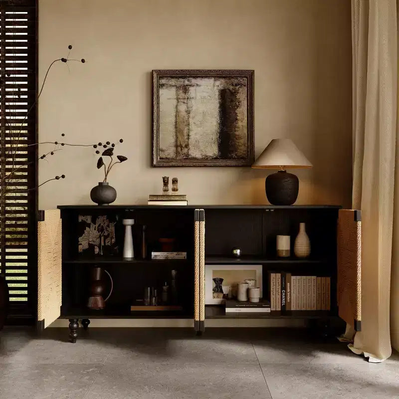 Natural Accent Sideboard Buffet Cabinet, Wood TV Stand with Handwoven Seagrass Doors, Black Woodgrain Finish