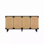 Natural Accent Sideboard Buffet Cabinet, Wood TV Stand with Handwoven Seagrass Doors, Black Woodgrain Finish