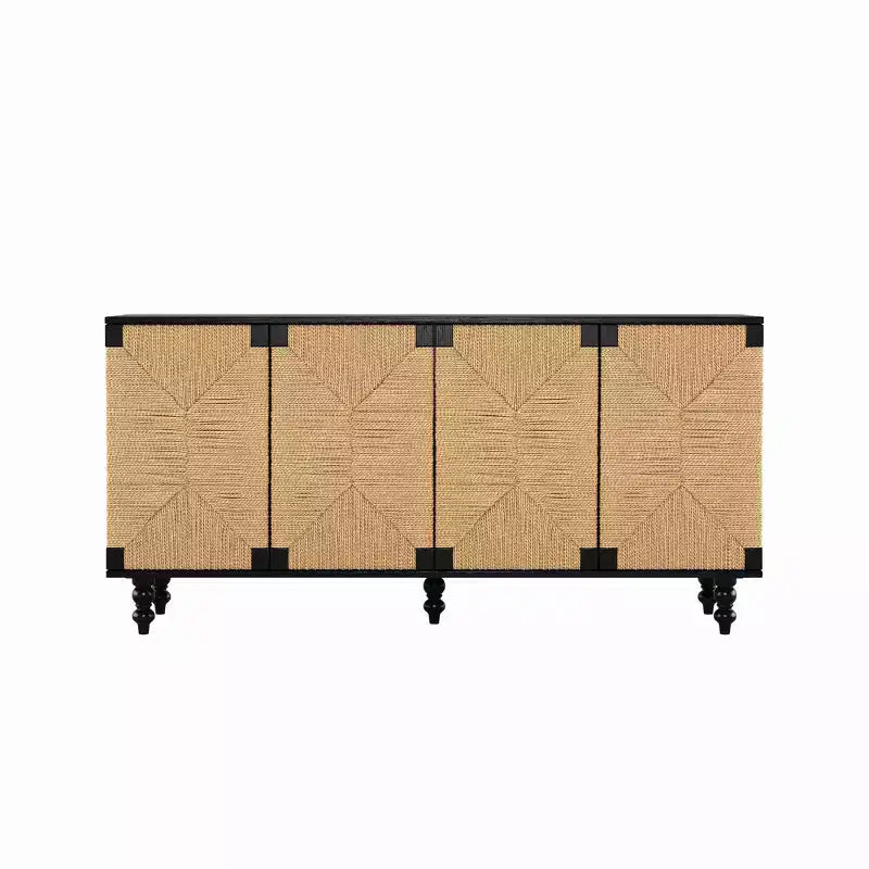 Natural Accent Sideboard Buffet Cabinet, Wood TV Stand with Handwoven Seagrass Doors, Black Woodgrain Finish