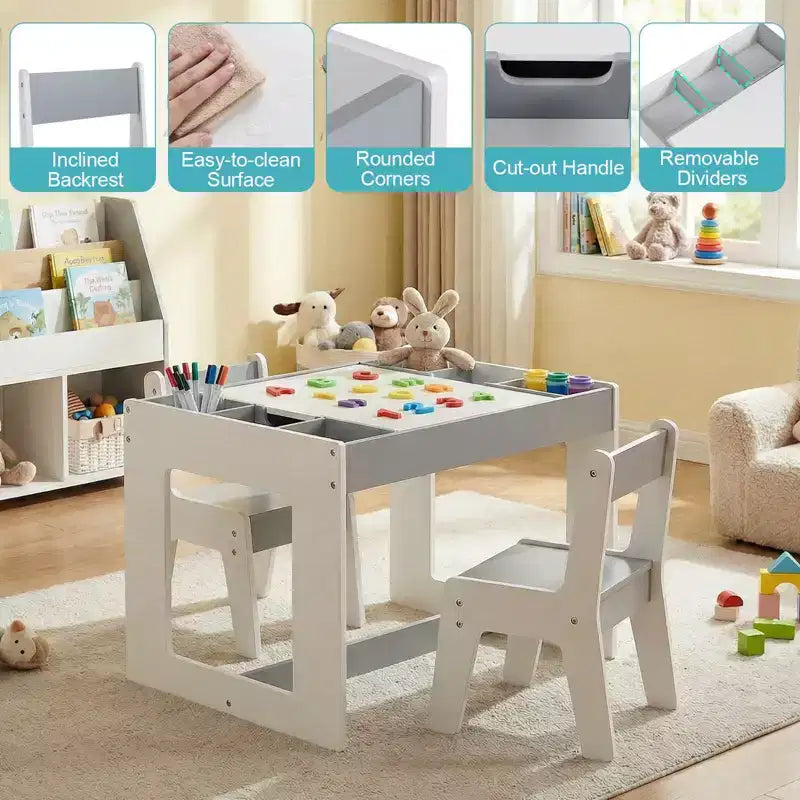 Costway Multifunctional Kids Table & 2 Chairs Set with Removable Double-sized Tabletop Gray + White/Natural + White