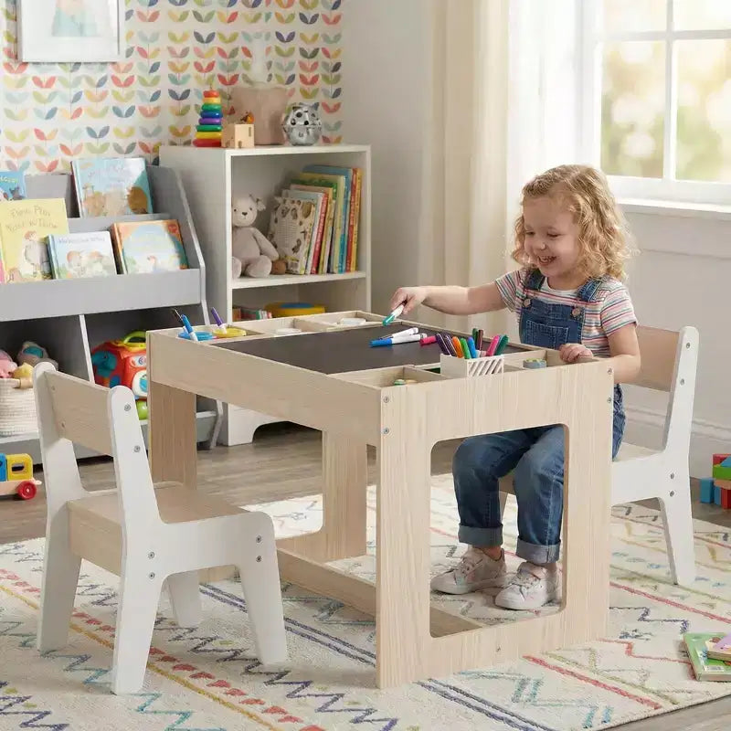 Costway Multifunctional Kids Table & 2 Chairs Set with Removable Double-sized Tabletop Gray + White/Natural + White
