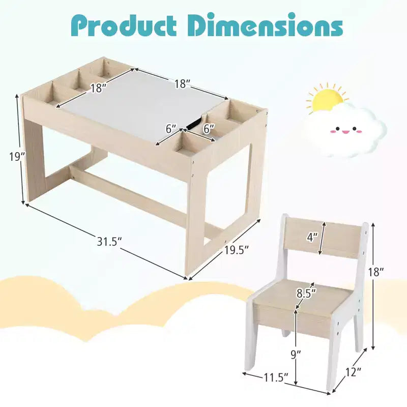 Costway Multifunctional Kids Table & 2 Chairs Set with Removable Double-sized Tabletop Gray + White/Natural + White