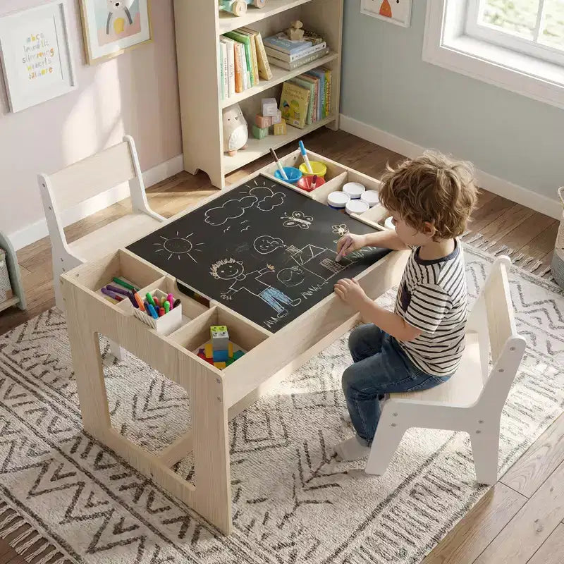 Costway Multifunctional Kids Table & 2 Chairs Set with Removable Double-sized Tabletop Gray + White/Natural + White