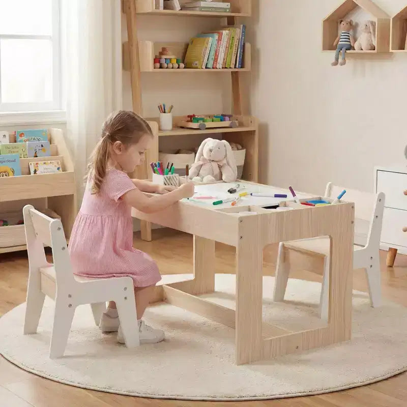 Costway Multifunctional Kids Table & 2 Chairs Set with Removable Double-sized Tabletop Gray + White/Natural + White
