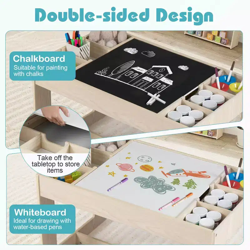 Costway Multifunctional Kids Table & 2 Chairs Set with Removable Double-sized Tabletop Gray + White/Natural + White