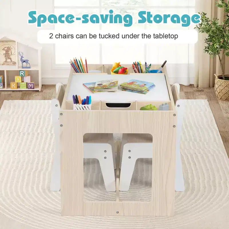 Costway Multifunctional Kids Table & 2 Chairs Set with Removable Double-sized Tabletop Gray + White/Natural + White