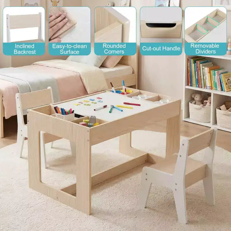 Costway Multifunctional Kids Table & 2 Chairs Set with Removable Double-sized Tabletop Gray + White/Natural + White