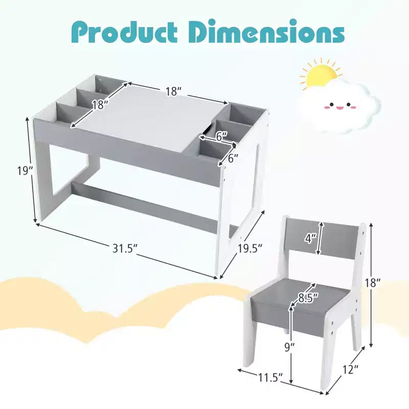 Costway Multifunctional Kids Table & 2 Chairs Set with Removable Double-sized Tabletop Gray + White/Natural + White