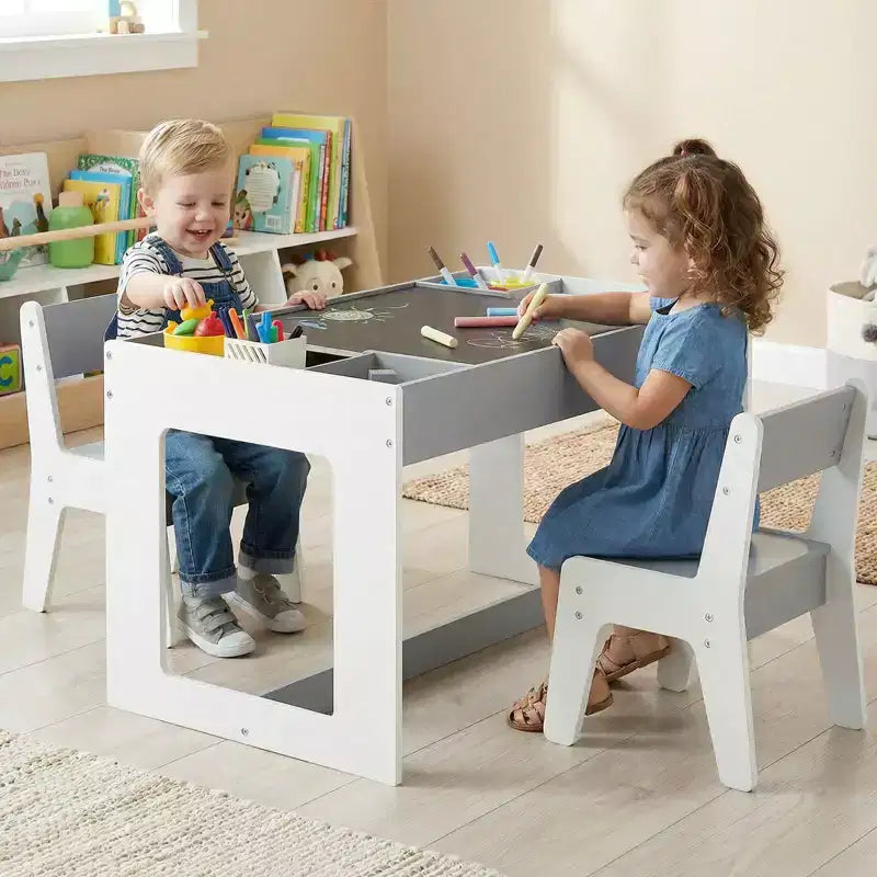 Costway Multifunctional Kids Table & 2 Chairs Set with Removable Double-sized Tabletop Gray + White/Natural + White