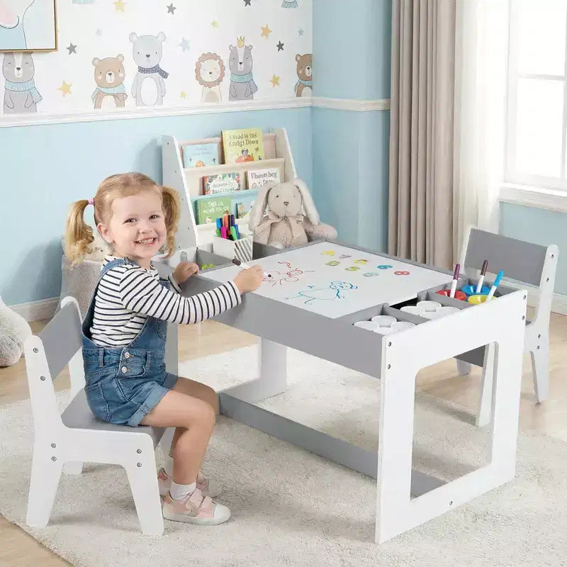 Costway Multifunctional Kids Table & 2 Chairs Set with Removable Double-sized Tabletop Gray + White/Natural + White