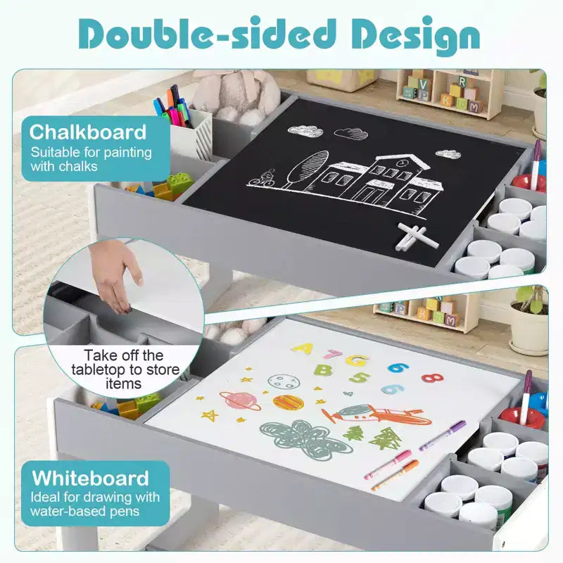 Costway Multifunctional Kids Table & 2 Chairs Set with Removable Double-sized Tabletop Gray + White/Natural + White