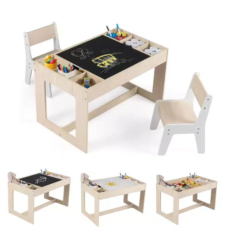 Costway Multifunctional Kids Table & 2 Chairs Set with Removable Double-sized Tabletop Gray + White/Natural + White