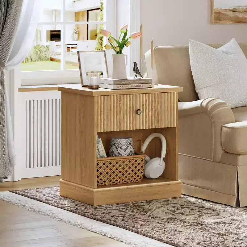 Mid Century Modern Fluted Bedside Table with Drawer  Space-Saving Bedside Table with Storage, Ideal for Bedroom or Living Room