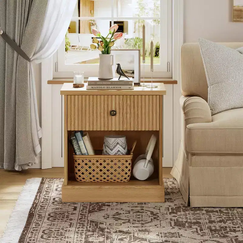 Mid Century Modern Fluted Bedside Table with Drawer  Space-Saving Bedside Table with Storage, Ideal for Bedroom or Living Room