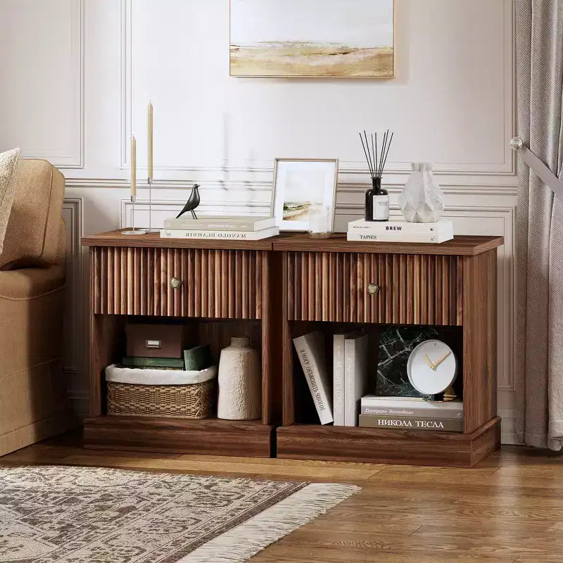 Mid Century Modern Fluted Bedside Table with Drawer  Space-Saving Bedside Table with Storage, Ideal for Bedroom or Living Room