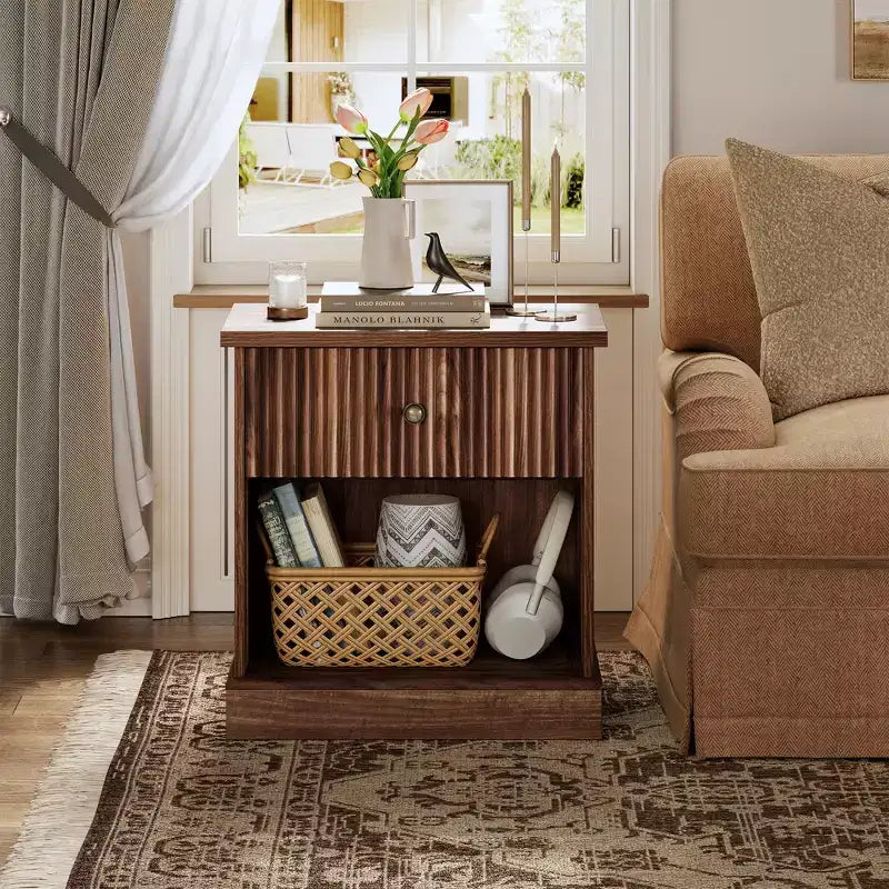 Mid Century Modern Fluted Bedside Table with Drawer  Space-Saving Bedside Table with Storage, Ideal for Bedroom or Living Room