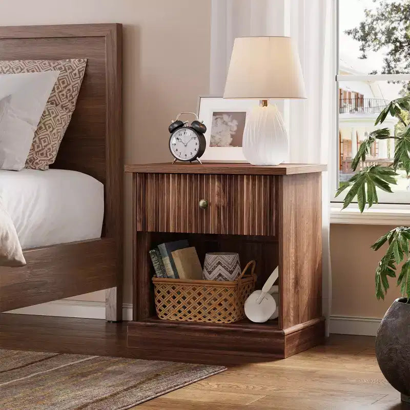 Mid Century Modern Fluted Bedside Table with Drawer  Space-Saving Bedside Table with Storage, Ideal for Bedroom or Living Room