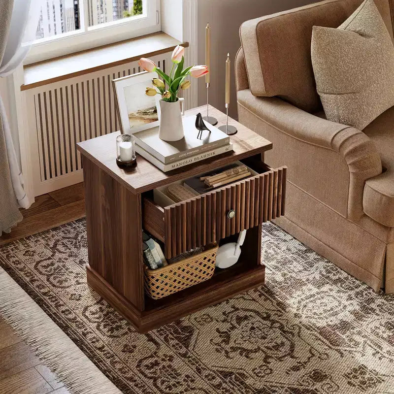 Mid Century Modern Fluted Bedside Table with Drawer  Space-Saving Bedside Table with Storage, Ideal for Bedroom or Living Room