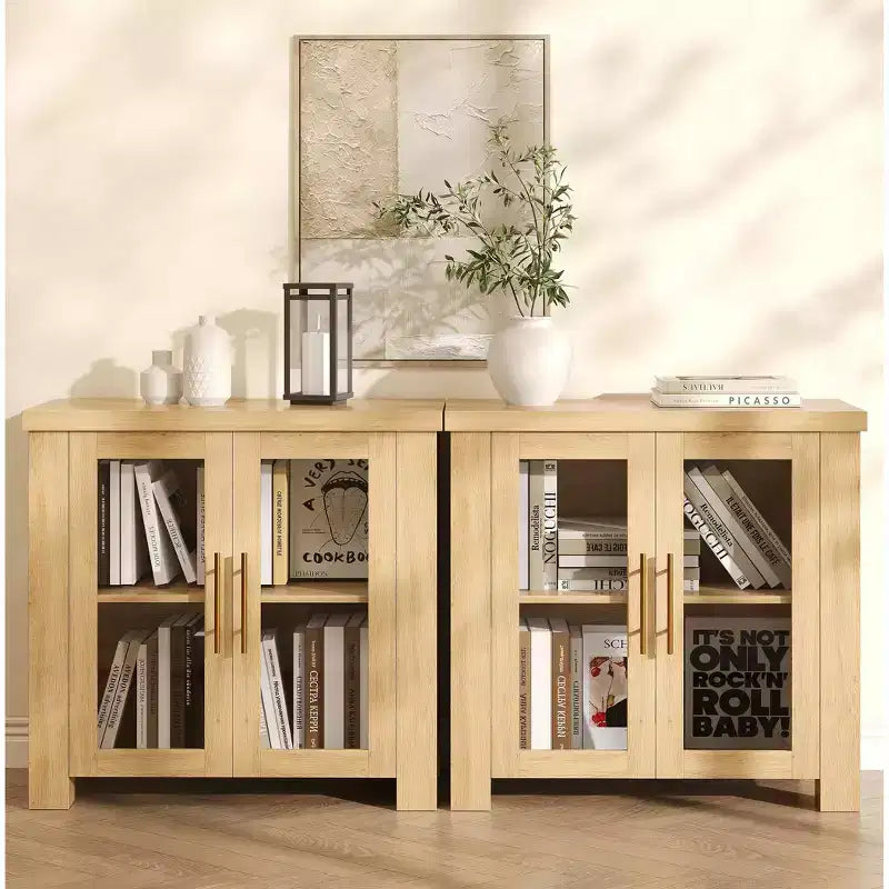 Sideboard Buffet Cabinet with Glass Doors, Modern Buffet Cabinet with Storage, Wood Buffet Table for Living Room, Dining Room and Kitchen