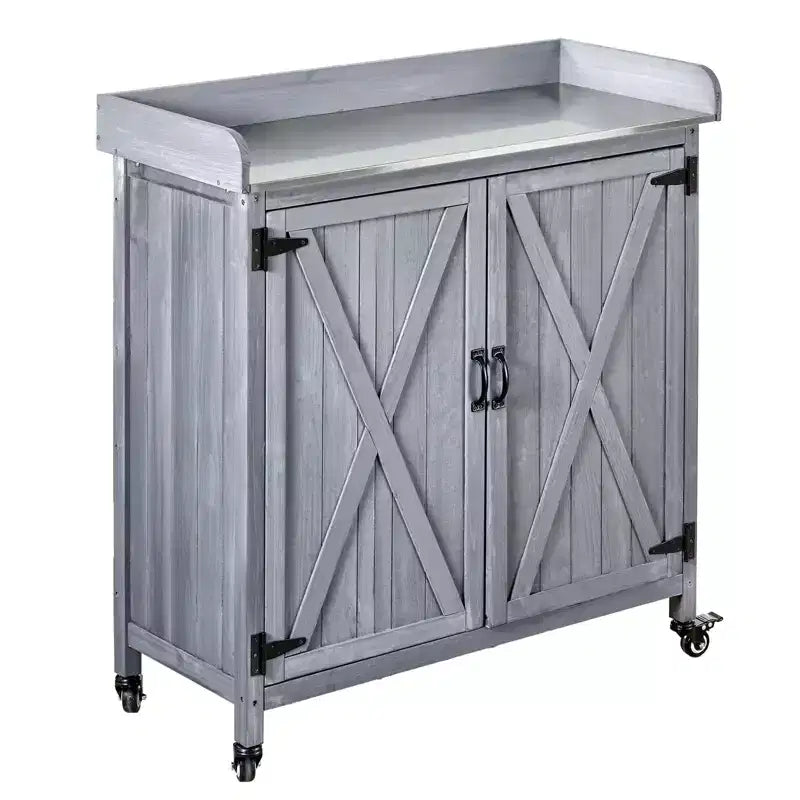 VEVOR Potting Bench Table, Outdoor Gardening Wooden Storage Cabinet with 36 x 16 in Galvanized Iron Tabletop, Large Storage Space, 4 Casters, Gray