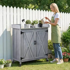 VEVOR Potting Bench Table, Outdoor Gardening Wooden Storage Cabinet with 36 x 16 in Galvanized Iron Tabletop, Large Storage Space, 4 Casters, Gray