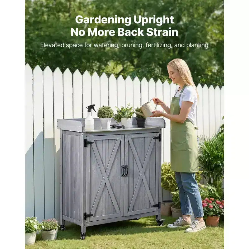 VEVOR Potting Bench Table, Outdoor Gardening Wooden Storage Cabinet with 36 x 16 in Galvanized Iron Tabletop, Large Storage Space, 4 Casters, Gray