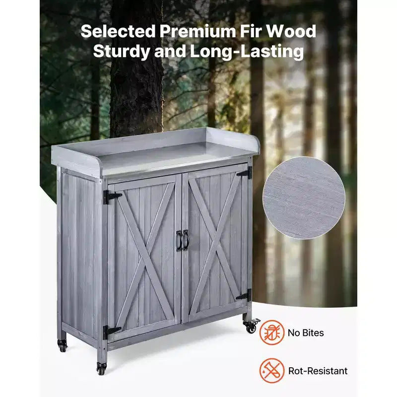 VEVOR Potting Bench Table, Outdoor Gardening Wooden Storage Cabinet with 36 x 16 in Galvanized Iron Tabletop, Large Storage Space, 4 Casters, Gray