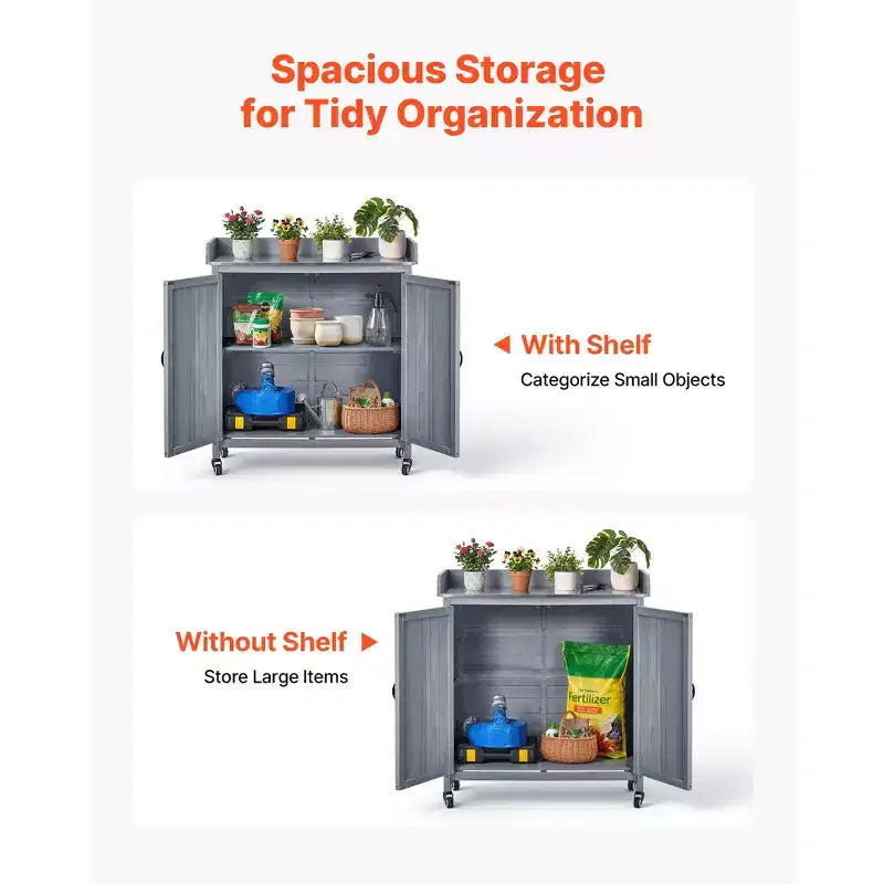 VEVOR Potting Bench Table, Outdoor Gardening Wooden Storage Cabinet with 36 x 16 in Galvanized Iron Tabletop, Large Storage Space, 4 Casters, Gray