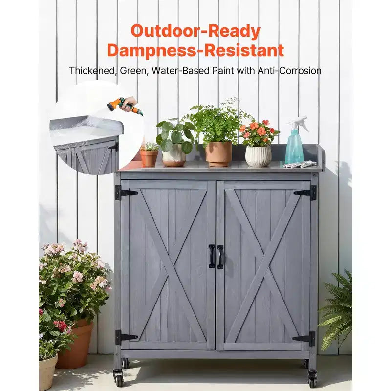 VEVOR Potting Bench Table, Outdoor Gardening Wooden Storage Cabinet with 36 x 16 in Galvanized Iron Tabletop, Large Storage Space, 4 Casters, Gray