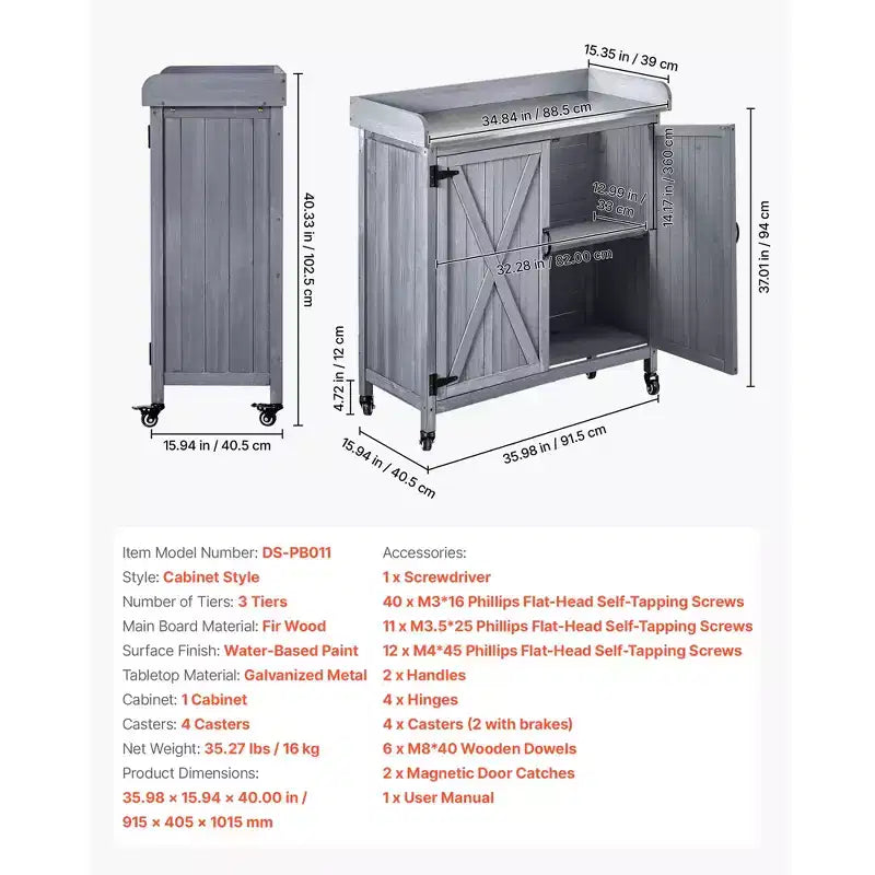 VEVOR Potting Bench Table, Outdoor Gardening Wooden Storage Cabinet with 36 x 16 in Galvanized Iron Tabletop, Large Storage Space, 4 Casters, Gray