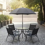 Gymax 6-Piece Patio Dining Set for 4 People w/ Round Tempered Glass Table & 4 Foldable Chairs Removable Umbrella Gray/Brown