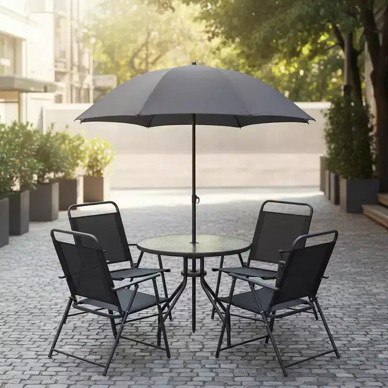Gymax 6-Piece Patio Dining Set for 4 People w/ Round Tempered Glass Table & 4 Foldable Chairs Removable Umbrella Gray/Brown
