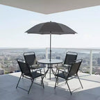 Gymax 6-Piece Patio Dining Set for 4 People w/ Round Tempered Glass Table & 4 Foldable Chairs Removable Umbrella Gray/Brown