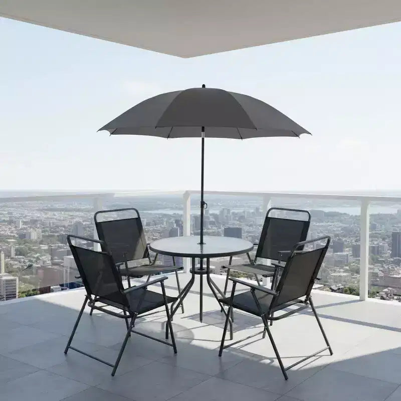 Gymax 6-Piece Patio Dining Set for 4 People w/ Round Tempered Glass Table & 4 Foldable Chairs Removable Umbrella Gray/Brown