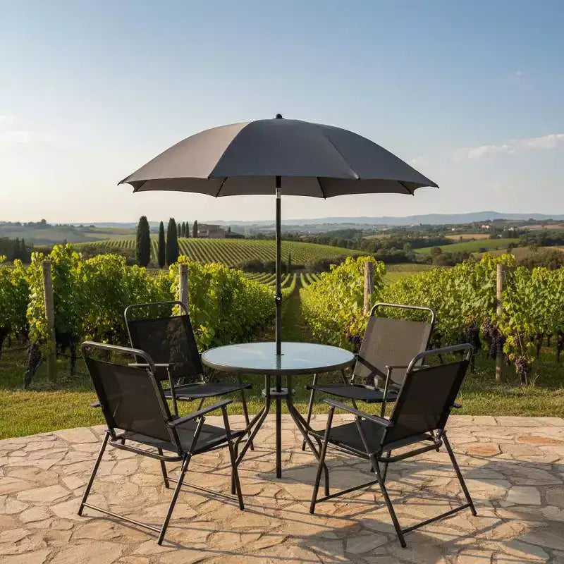 Gymax 6-Piece Patio Dining Set for 4 People w/ Round Tempered Glass Table & 4 Foldable Chairs Removable Umbrella Gray/Brown