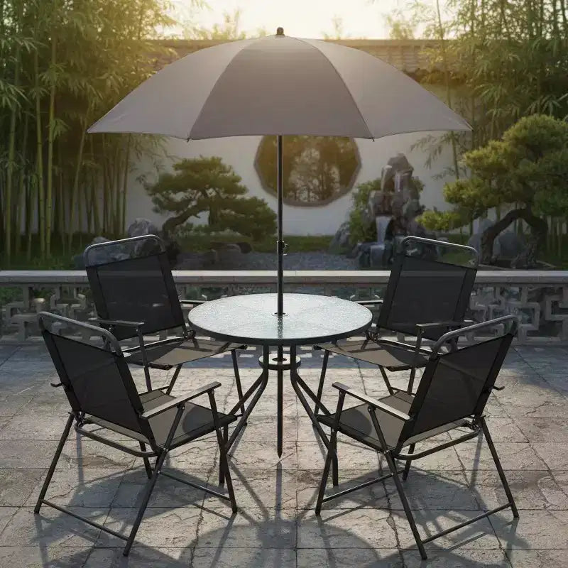 Gymax 6-Piece Patio Dining Set for 4 People w/ Round Tempered Glass Table & 4 Foldable Chairs Removable Umbrella Gray/Brown