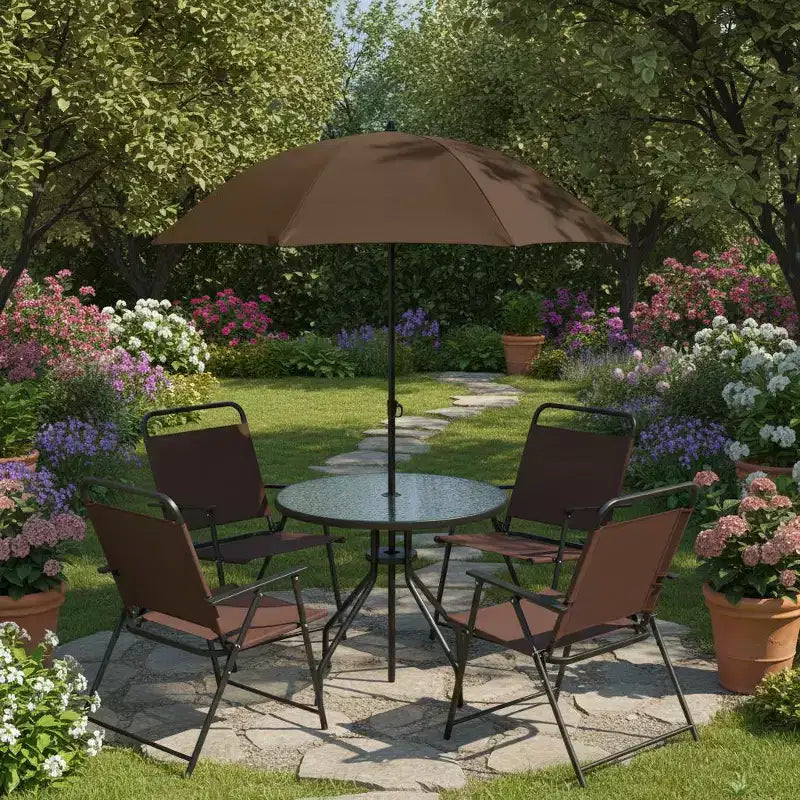 Gymax 6-Piece Patio Dining Set for 4 People w/ Round Tempered Glass Table & 4 Foldable Chairs Removable Umbrella Gray/Brown