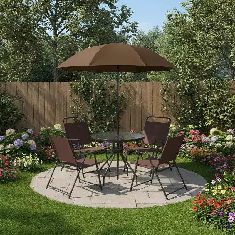 Gymax 6-Piece Patio Dining Set for 4 People w/ Round Tempered Glass Table & 4 Foldable Chairs Removable Umbrella Gray/Brown