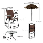 Gymax 6-Piece Patio Dining Set for 4 People w/ Round Tempered Glass Table & 4 Foldable Chairs Removable Umbrella Gray/Brown