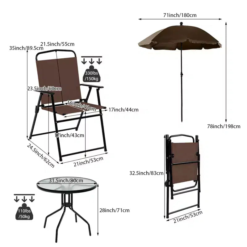 Gymax 6-Piece Patio Dining Set for 4 People w/ Round Tempered Glass Table & 4 Foldable Chairs Removable Umbrella Gray/Brown