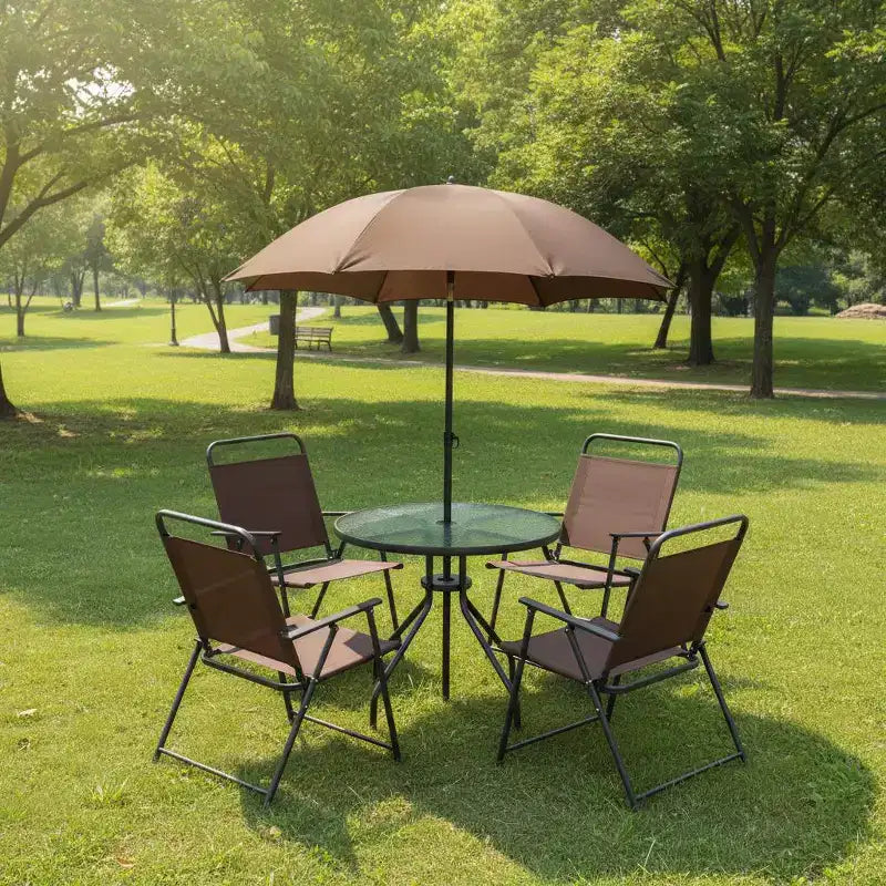 Gymax 6-Piece Patio Dining Set for 4 People w/ Round Tempered Glass Table & 4 Foldable Chairs Removable Umbrella Gray/Brown