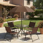 Gymax 6-Piece Patio Dining Set for 4 People w/ Round Tempered Glass Table & 4 Foldable Chairs Removable Umbrella Gray/Brown