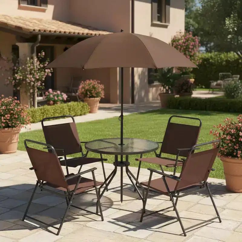 Gymax 6-Piece Patio Dining Set for 4 People w/ Round Tempered Glass Table & 4 Foldable Chairs Removable Umbrella Gray/Brown