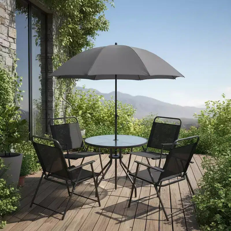 Gymax 6-Piece Patio Dining Set for 4 People w/ Round Tempered Glass Table & 4 Foldable Chairs Removable Umbrella Gray/Brown
