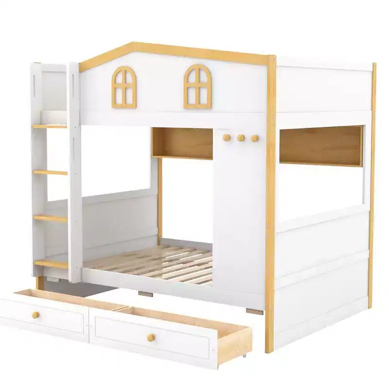 Whisen Bunk Bed with House-shaped Guardrails and Storage Shelves and Drawers or Trundle