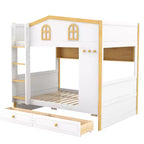 Whisen Bunk Bed with House-shaped Guardrails and Storage Shelves and Drawers or Trundle